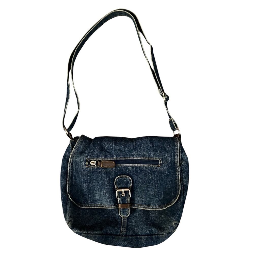 Vintage Denim Buckle Shoulder Bag Y2K Blue Jean Purse Cotton Adjustable Strap